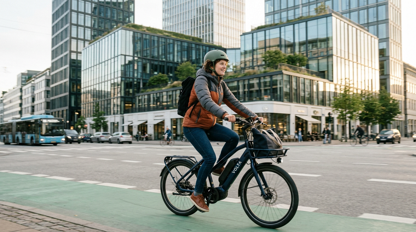 Person wearing helmet riding a Volta electric bike on a bike lane in a city