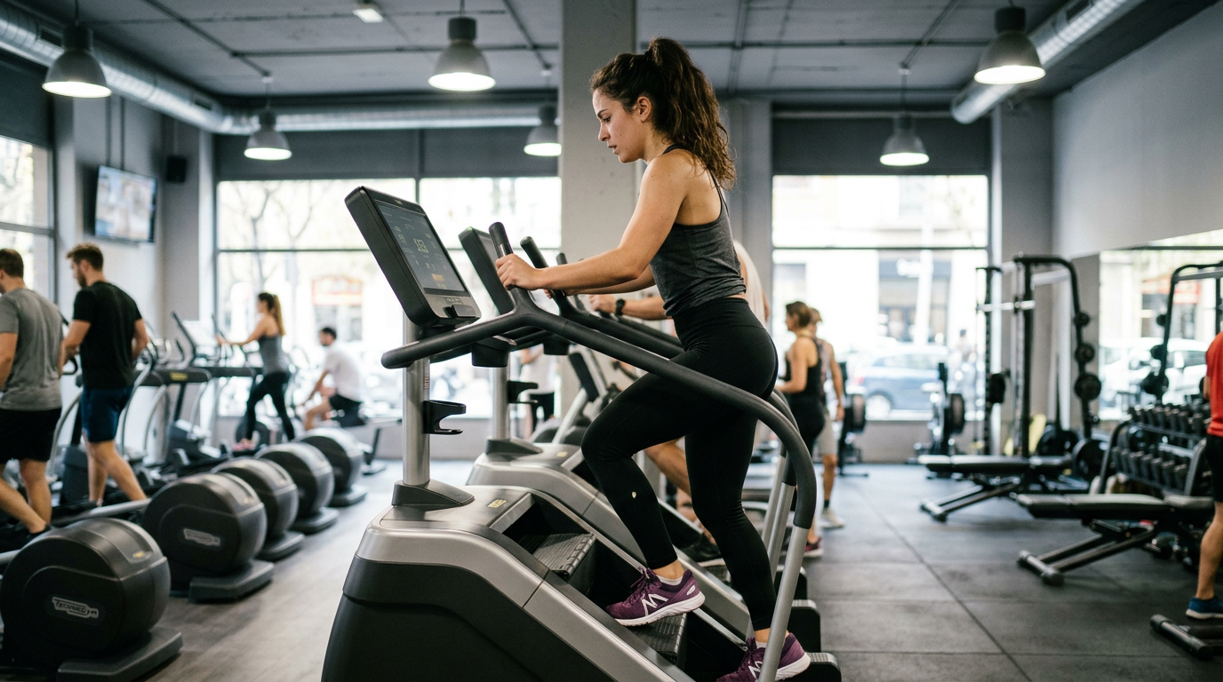 Woman using a stair climber machine at the gym