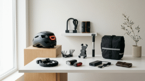 Urban cycling accessories including helmet, lock, lights, pump, bag, and multitool