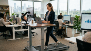 Woman using a treadmill desk while typing on a laptop in an open-plan office