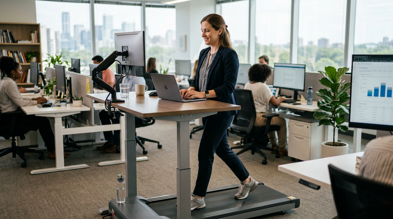 Woman using a treadmill desk while typing on a laptop in an open-plan office