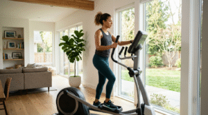 Woman using elliptical machine inside a living room with large windows showing a green garden outside