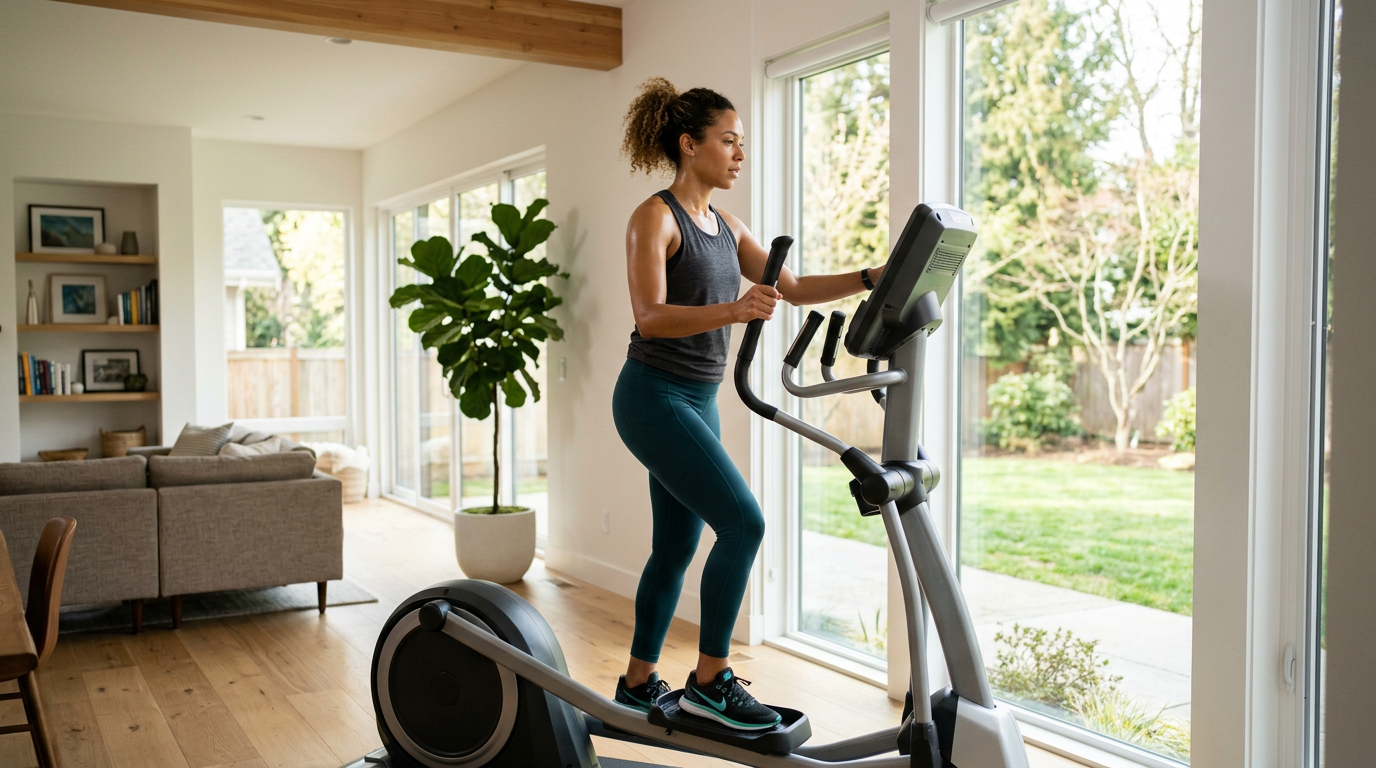 Woman using elliptical machine inside a living room with large windows showing a green garden outside