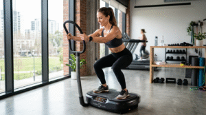 Woman doing squats on Power Plate vibration exercise machine in gym