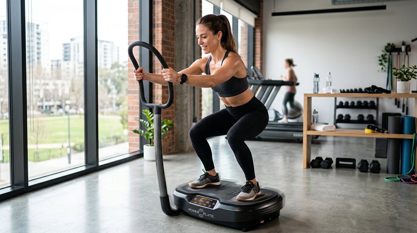 Woman doing squats on Power Plate vibration exercise machine in gym