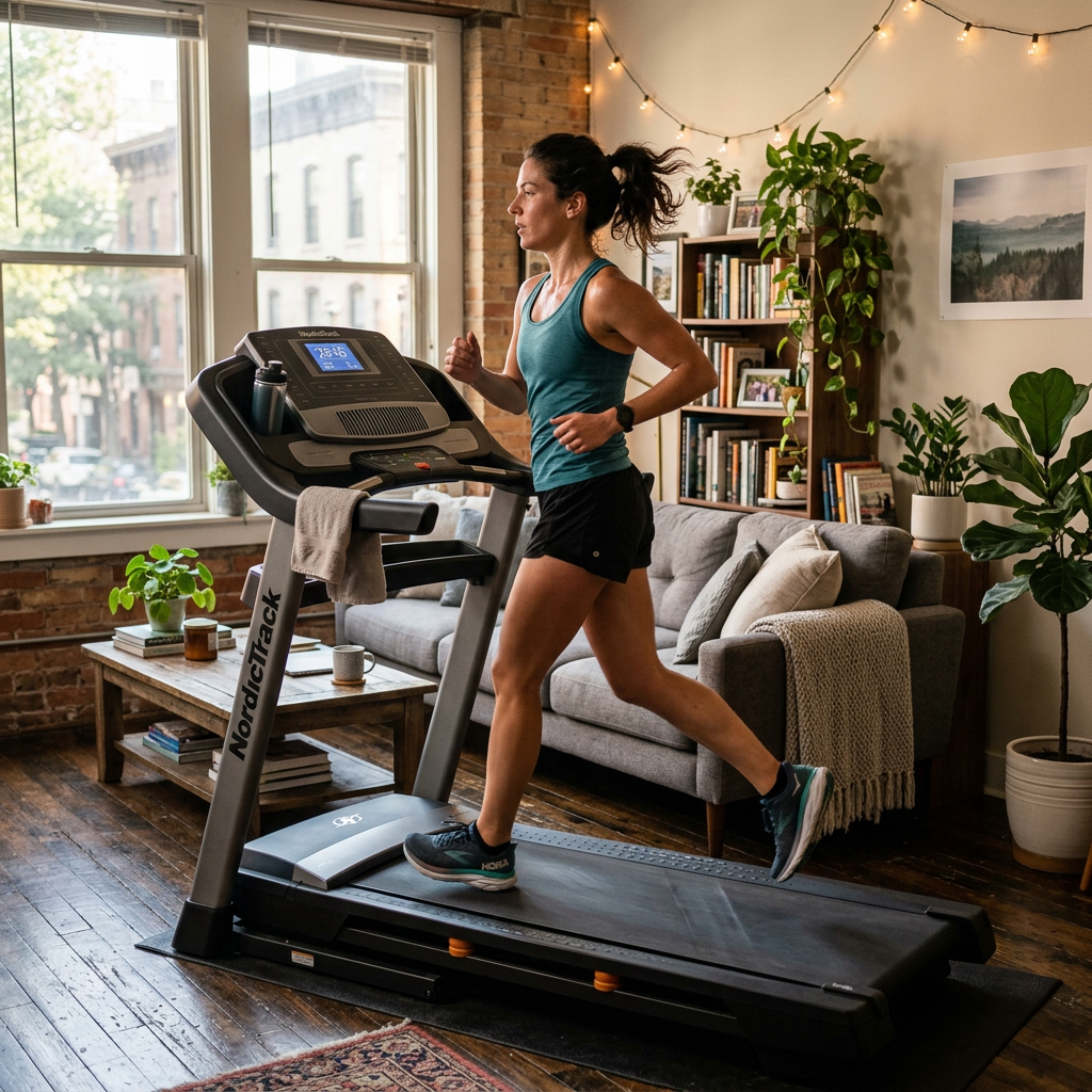 Woman running on a NordicTrack treadmill inside a cozy living room with plants and bookshelves