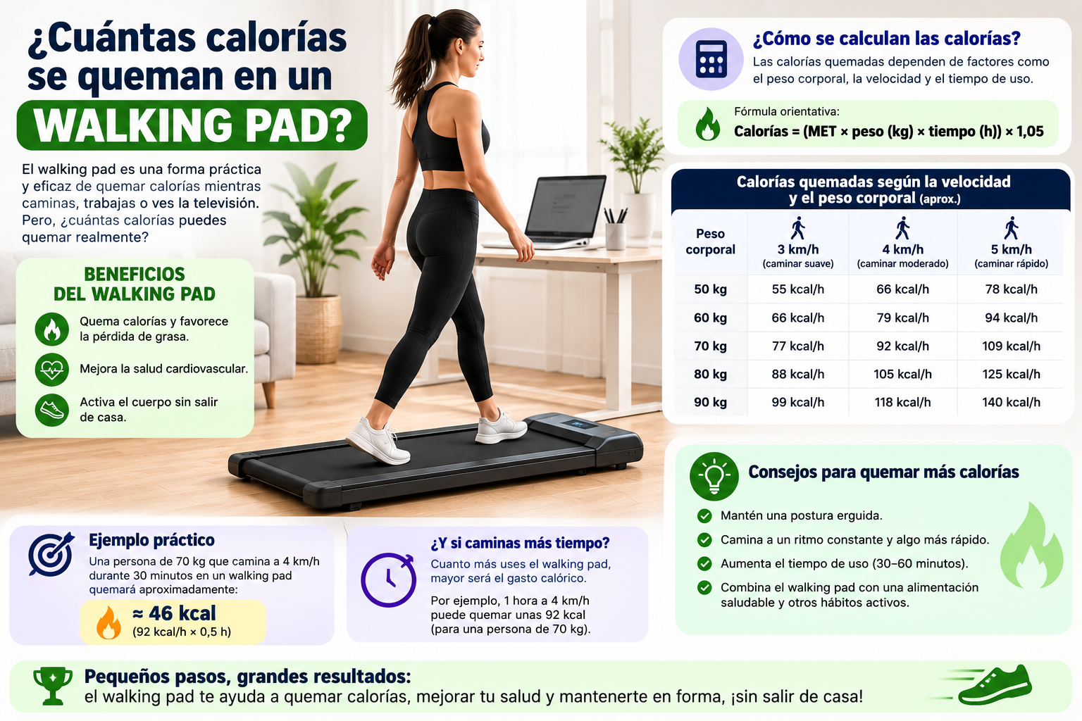 Calorías que se queman con un walking pad según peso y ritmo