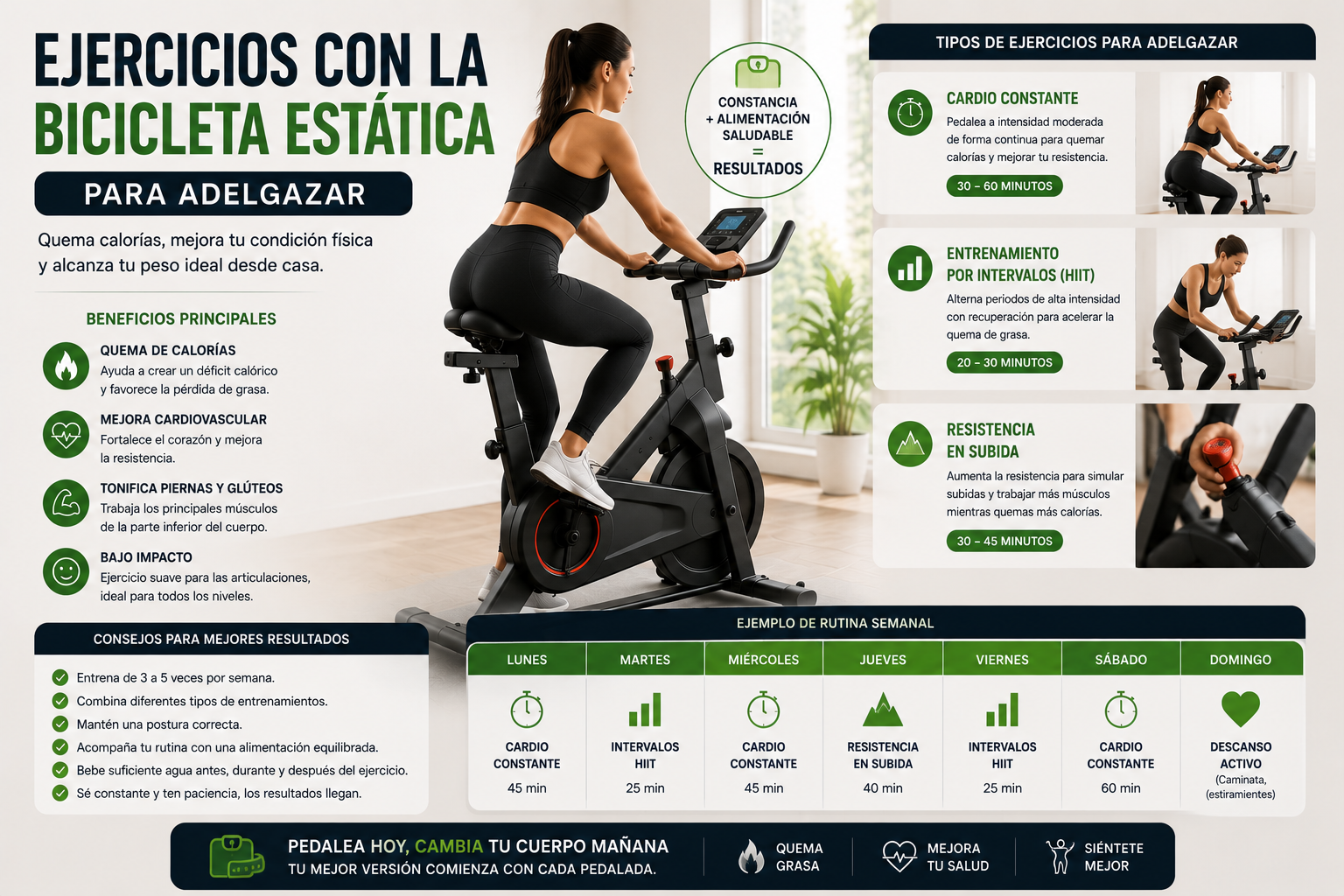 Bicicleta estática para adelgazar con plan y rutina