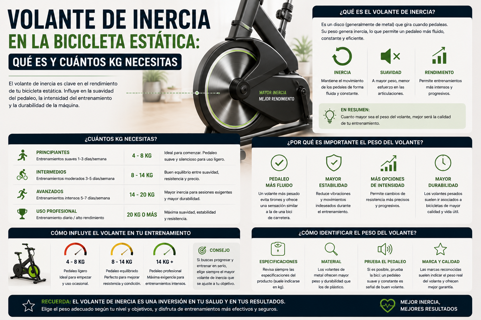 Volante de inercia de una bicicleta estática y su peso en kg