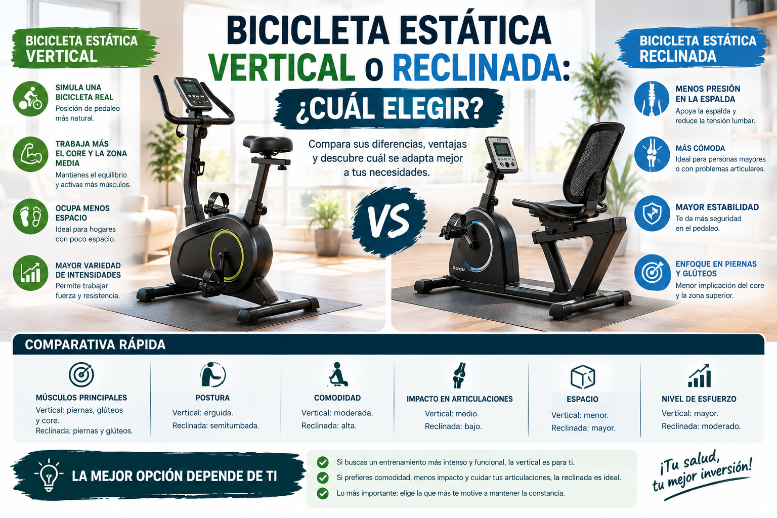 Bicicleta estática vertical o reclinada, comparativa para elegir